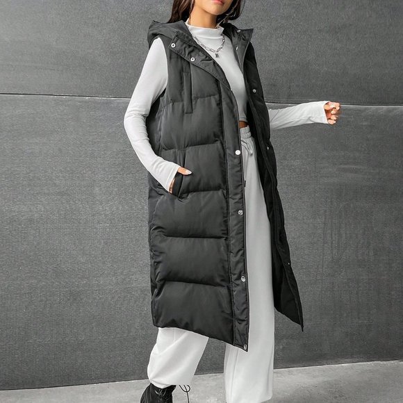 Black Preppy Womens Zip Up Snap Button Drawstring Hooded Puffer Vest Coat - Picture 4 of 6